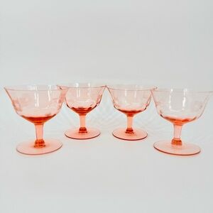 4 Vintage Pink Depression Glass Champagne Coupes Etched Floral Sherbet Glasses